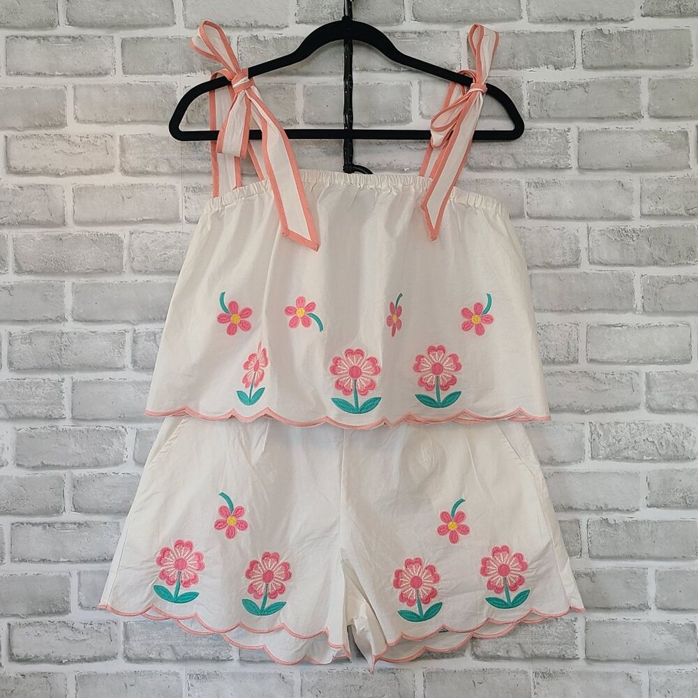Boutique Pink White Embroidered Short Babydoll Top Set NEW Large Coquette